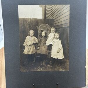 circa Early 1900's Family Photo 4 Small Siblings - 3 Girls/boy Pasted On Board